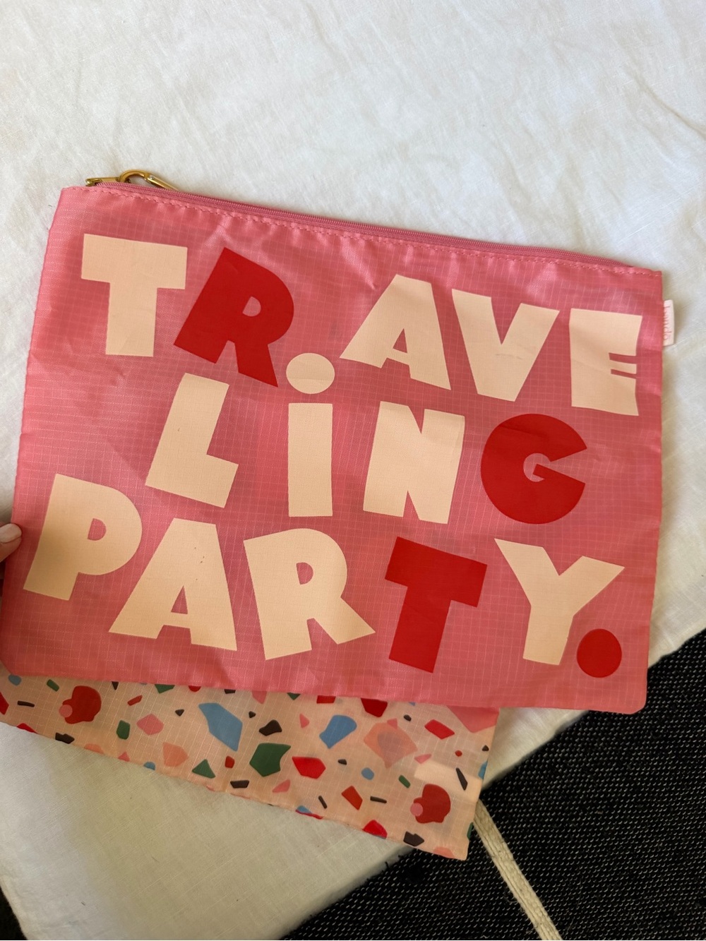 ban.do 2 pc Pink "Traveling Party" Zip Pouch with Red & Cream and terrazzo